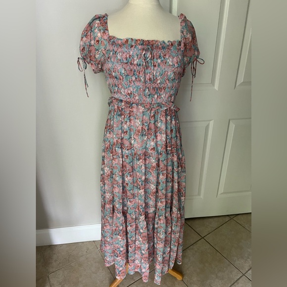 En Saison Pink Blue Floral Smocked Midi Dress - Picture 4 of 6